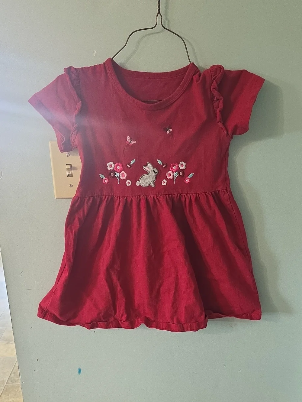 Girls Red Embroidered Bunny Cotton Dress